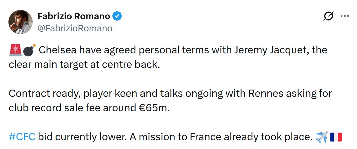 Jeremy Jacquet close to signing for Chelsea according to Fabrizio Romano.