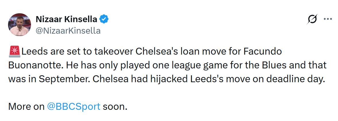 Nizaar Kinsella's Tweet about Facundo Buonanotte leaving Chelsea.