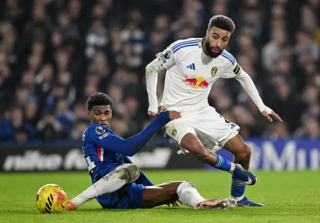 Josh Acheampong battles for possession against Leeds.