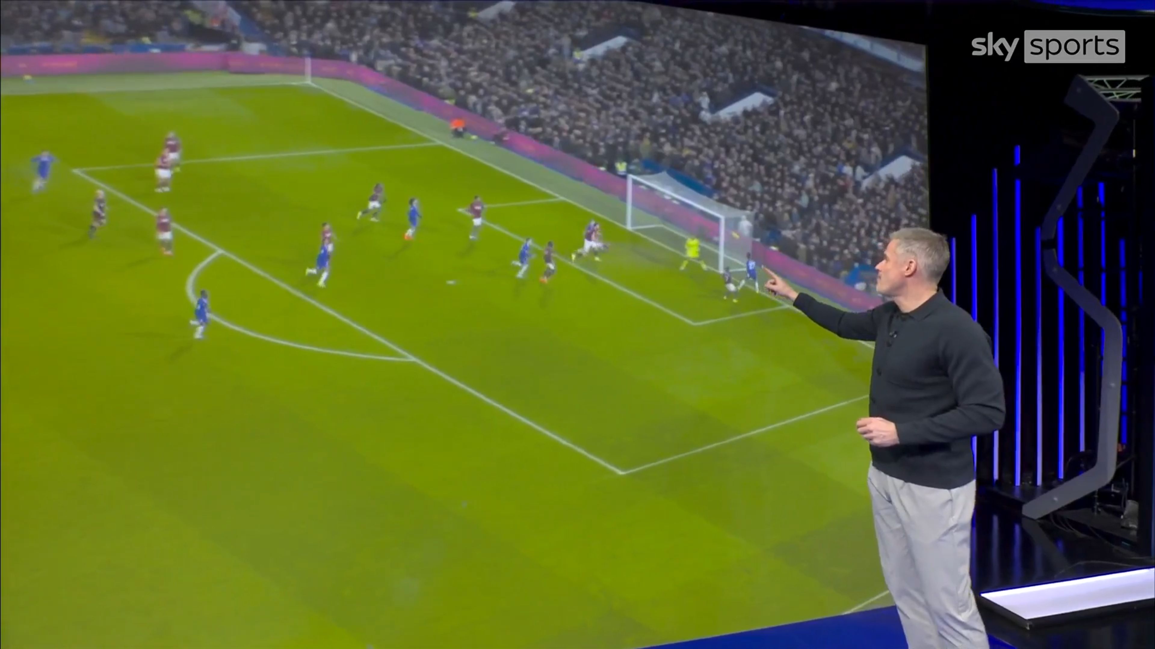 Jamie Carragher on Chelsea's back post runs against West Ham.