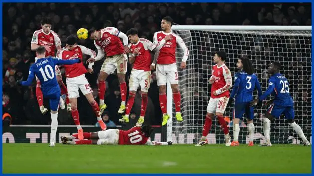 Cole Palmer's free kick hits the wall.