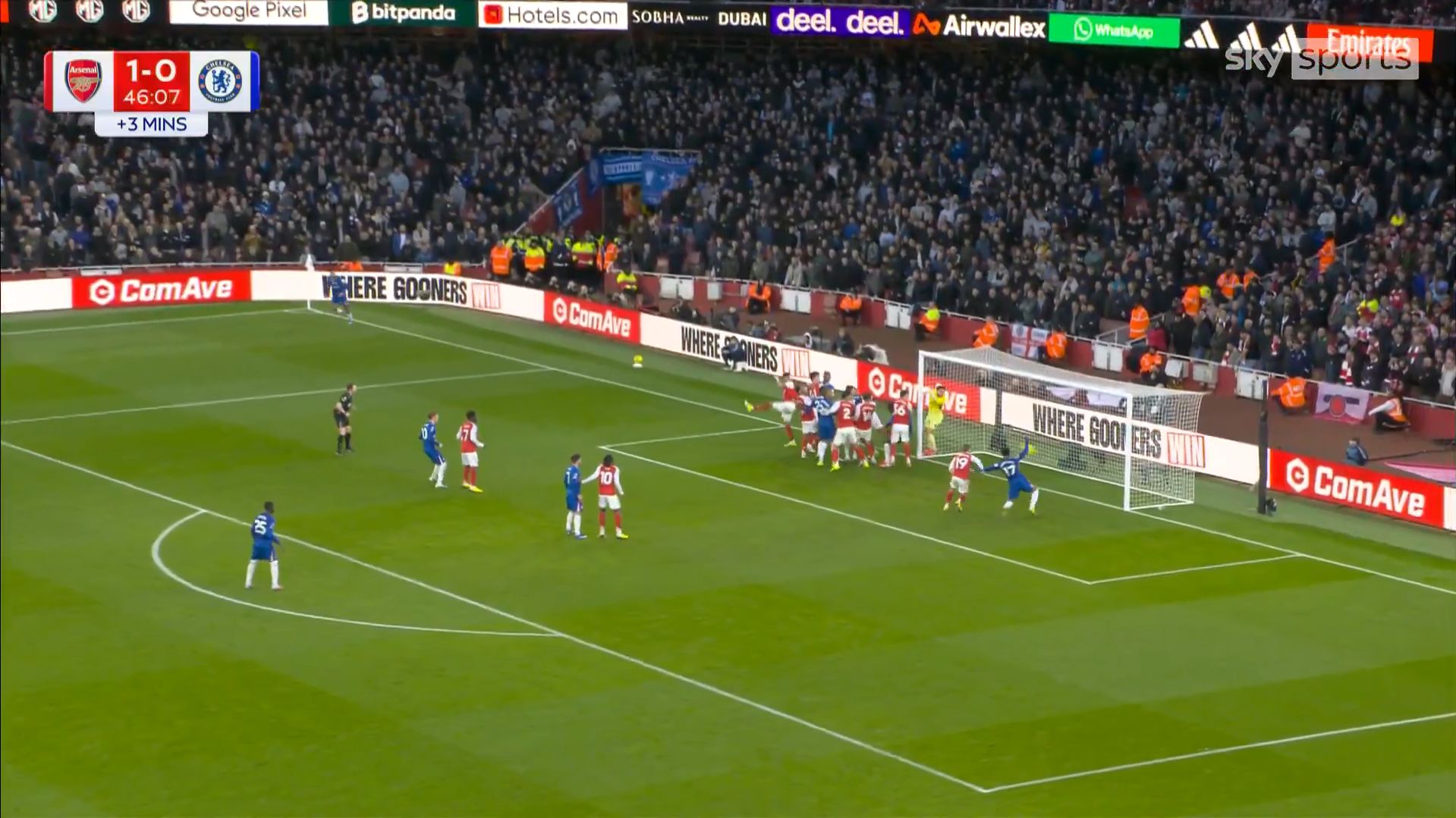 Chelsea score a corner against Arsenal.