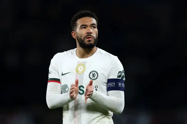 Reece James applauds Chelsea fans.
