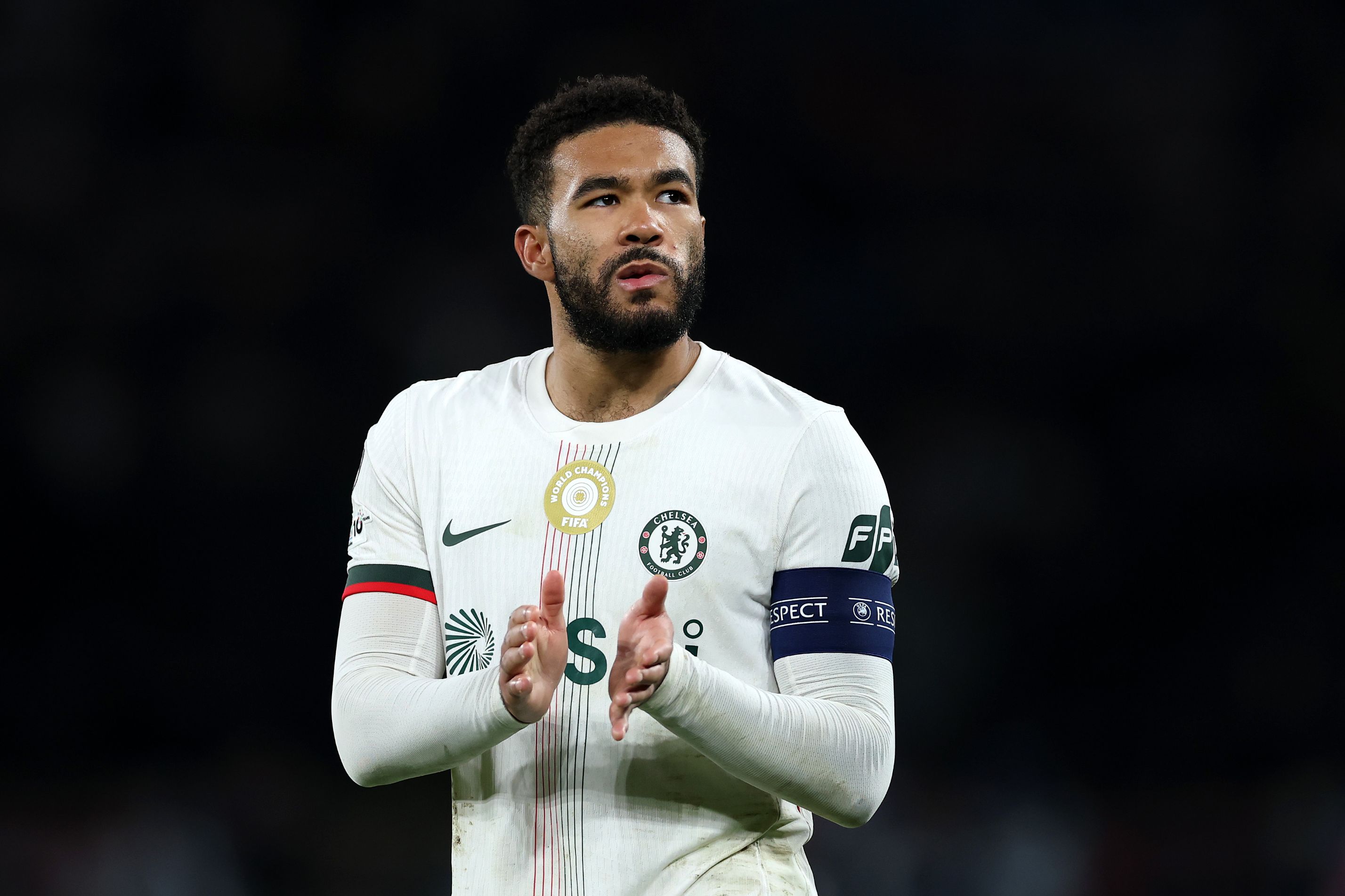 Reece James applauds Chelsea fans.