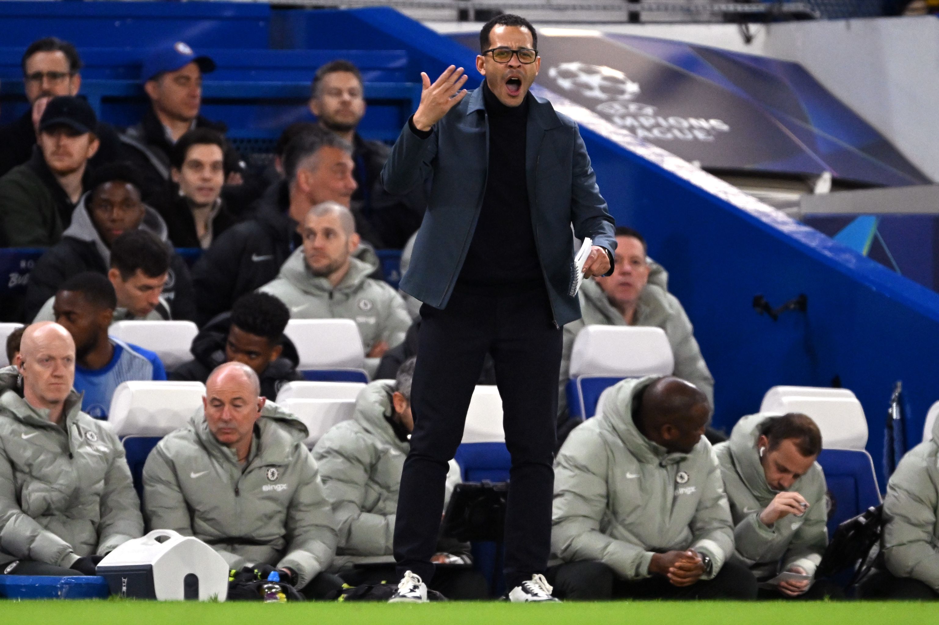 Liam Rosenior on the touchline at Stamford Bridge.