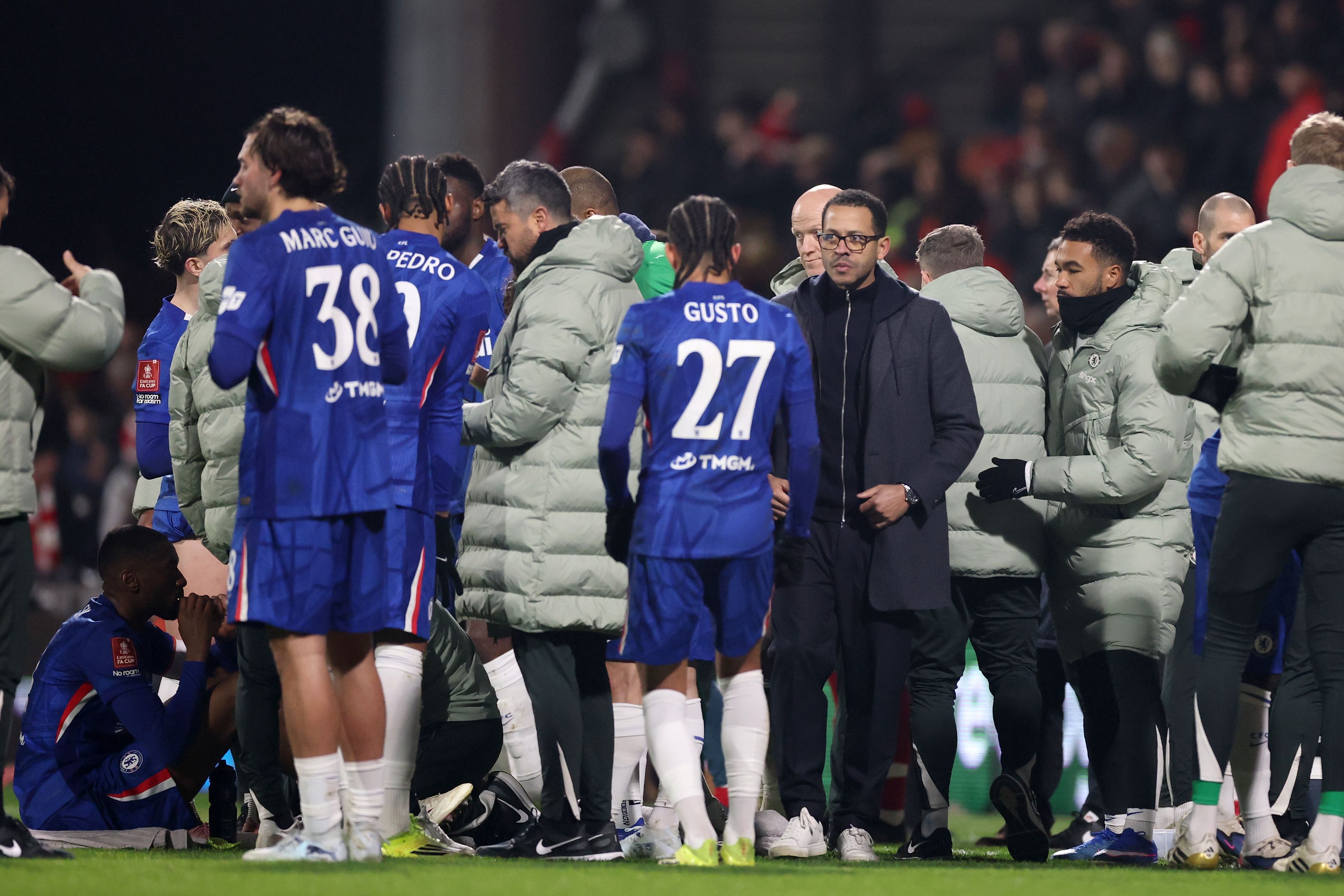 Chelsea team preparing for extra time against Wrexham.