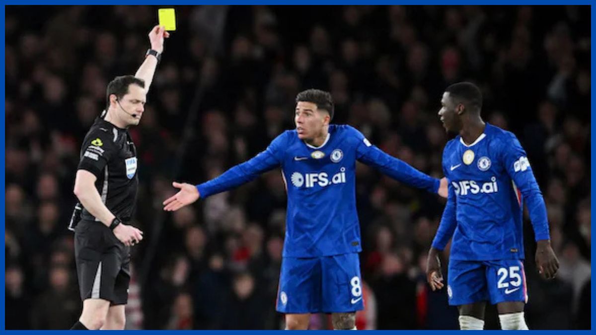 Enzo Fernandez booked for dissent.