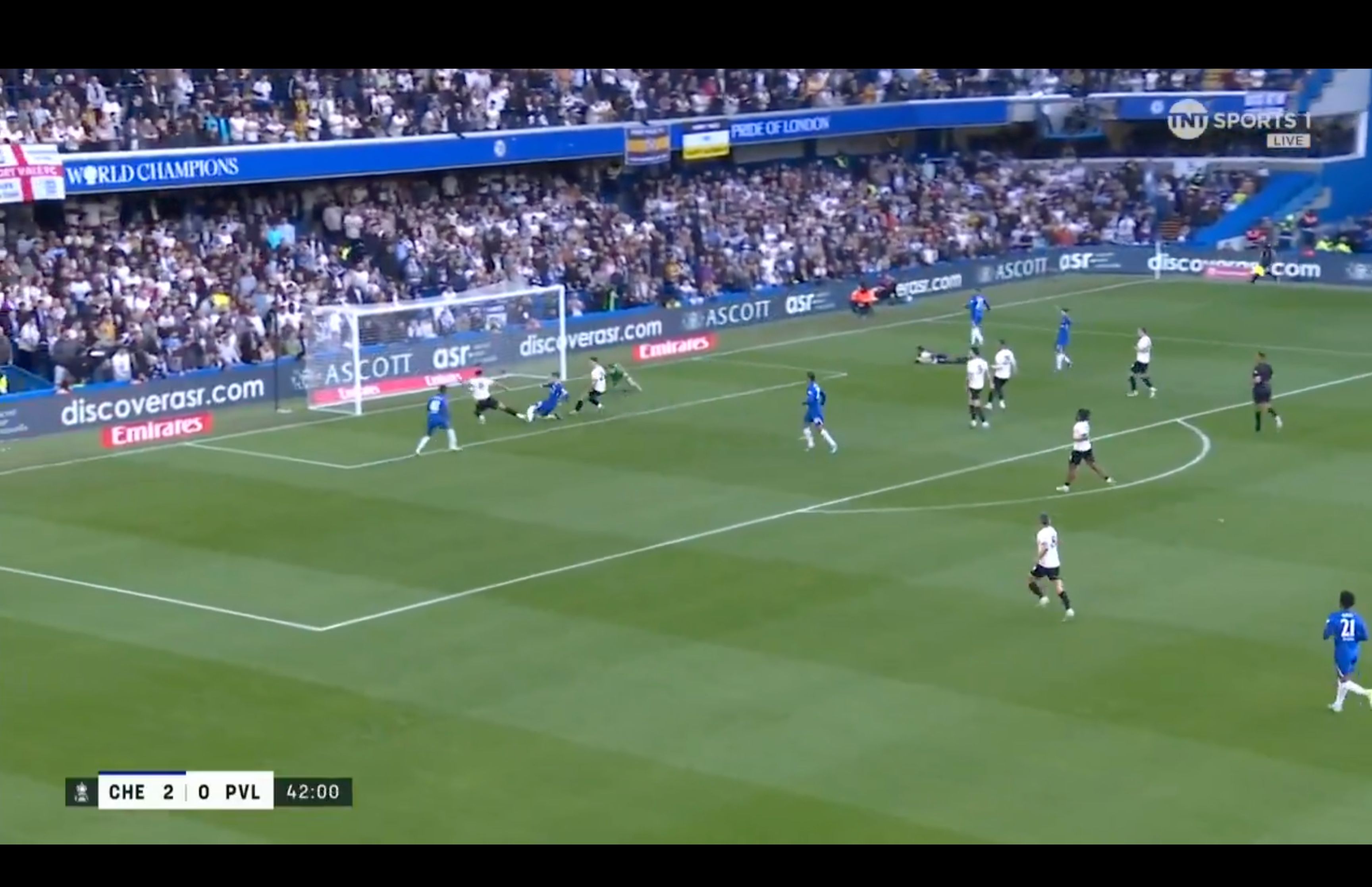 Cole Palmer hits a shot off the defender and in to add Chelsea's third.