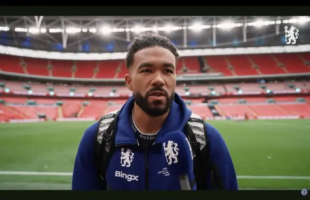 Reece James speaks to the TV cameras at full time.