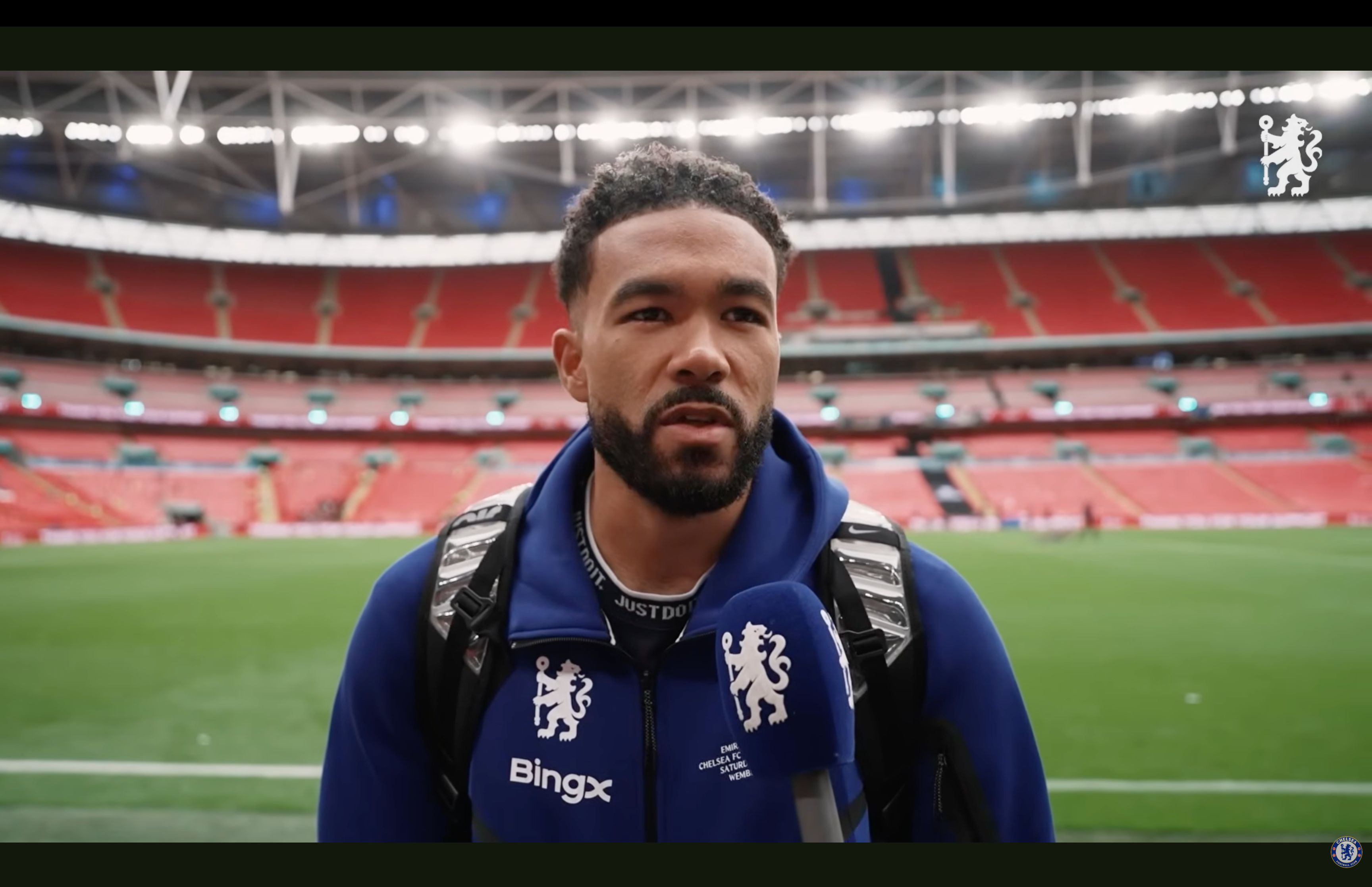 Reece James speaks to the TV cameras at full time.