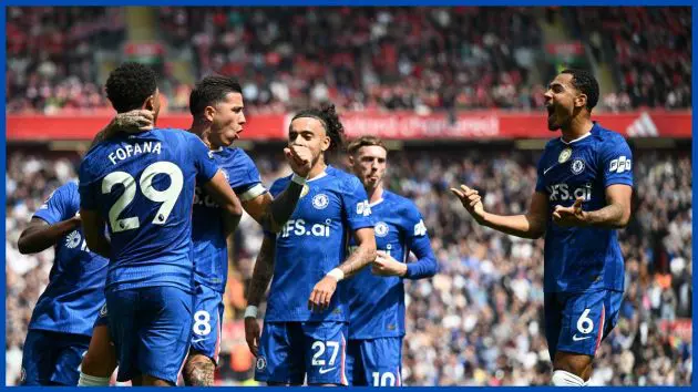 Enzo Fernandez celebrates with a generic Chelsea group.