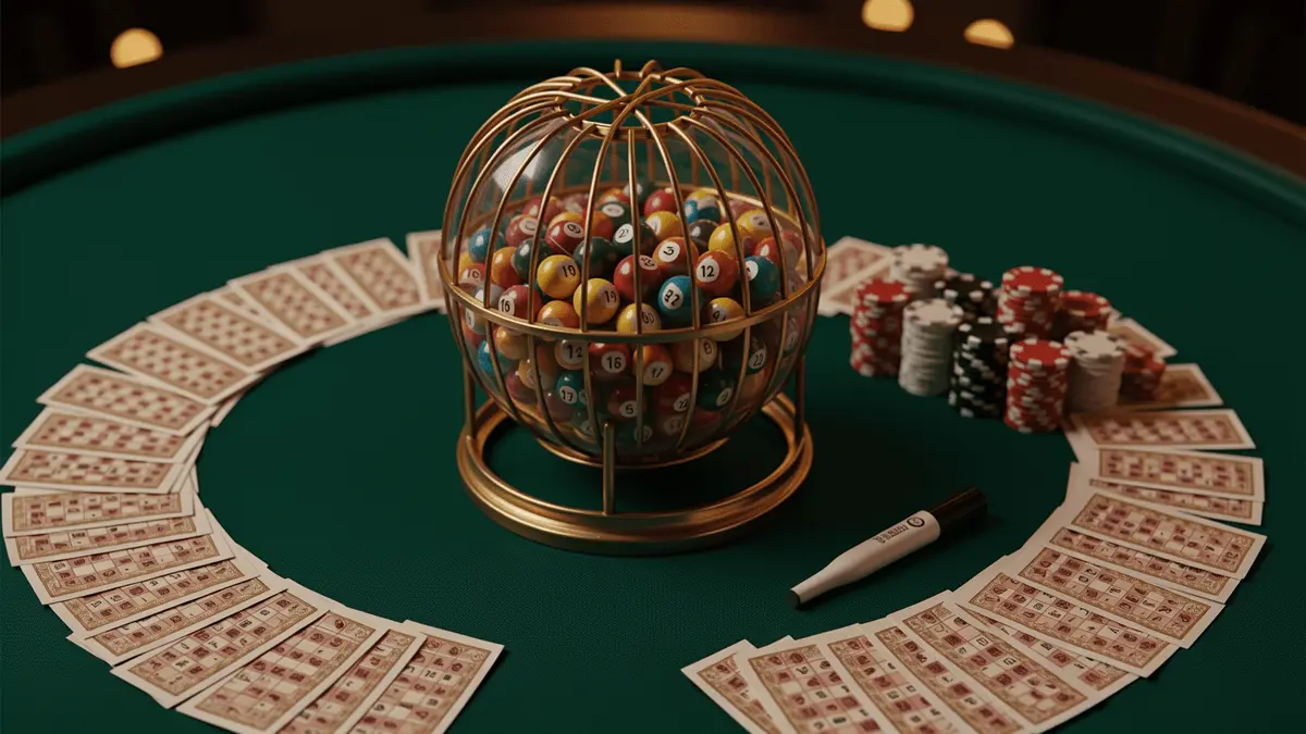 Bingo ball cage with colorful balls, stacked casino chips, and bingo cards on green felt table