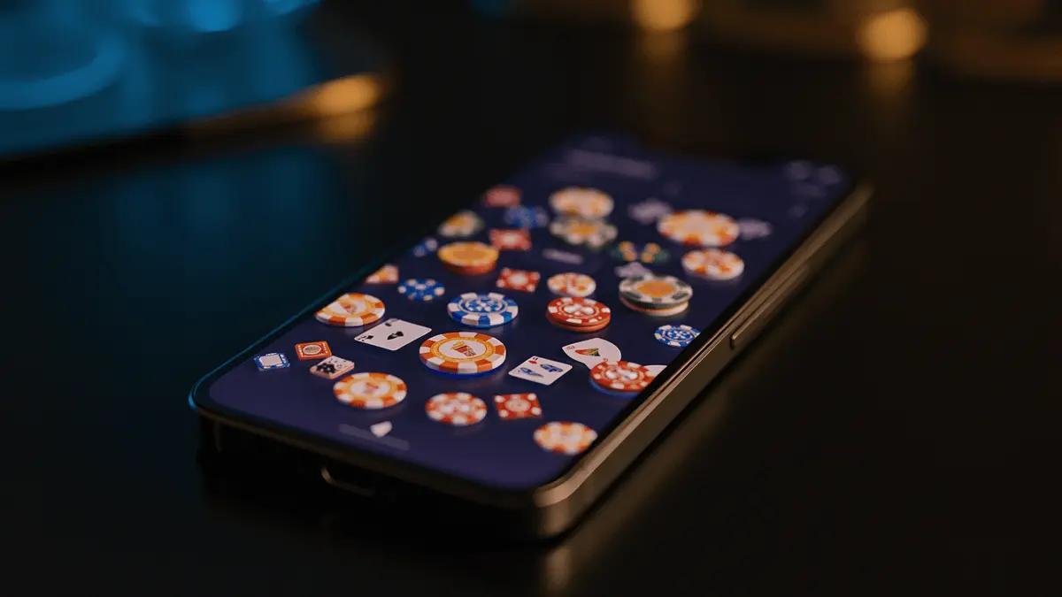 Premium smartphone displaying casino gaming interface with luxury ambiance