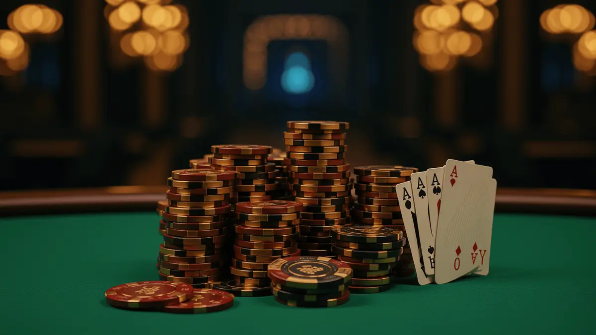 Luxury casino chips and playing cards arranged elegantly with upscale gaming ambiance
