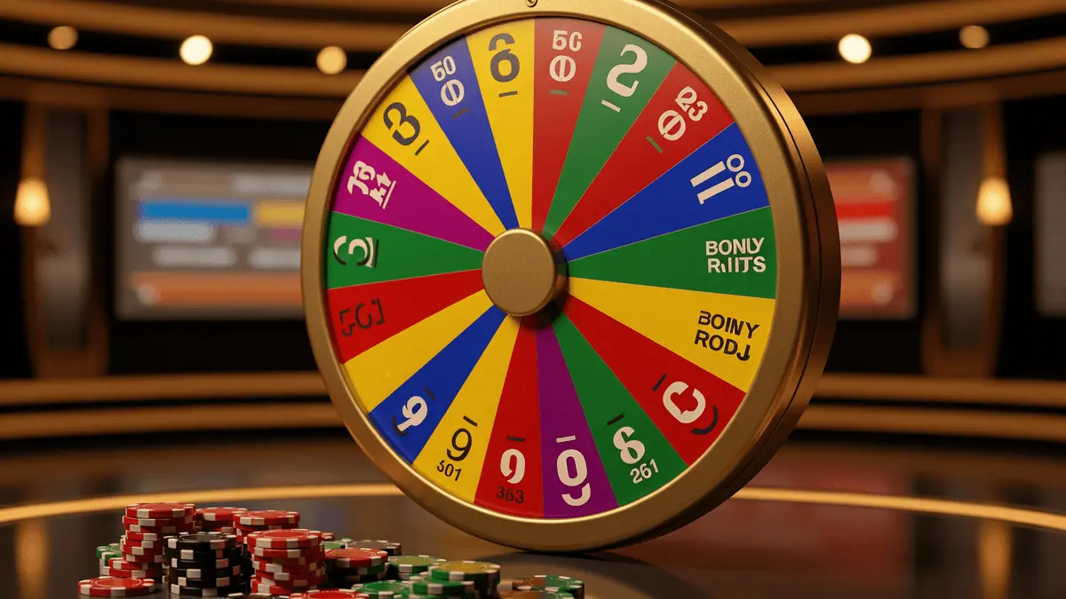 Crazy Time live casino game show wheel with colorful segments and stacked casino chips in professional studio