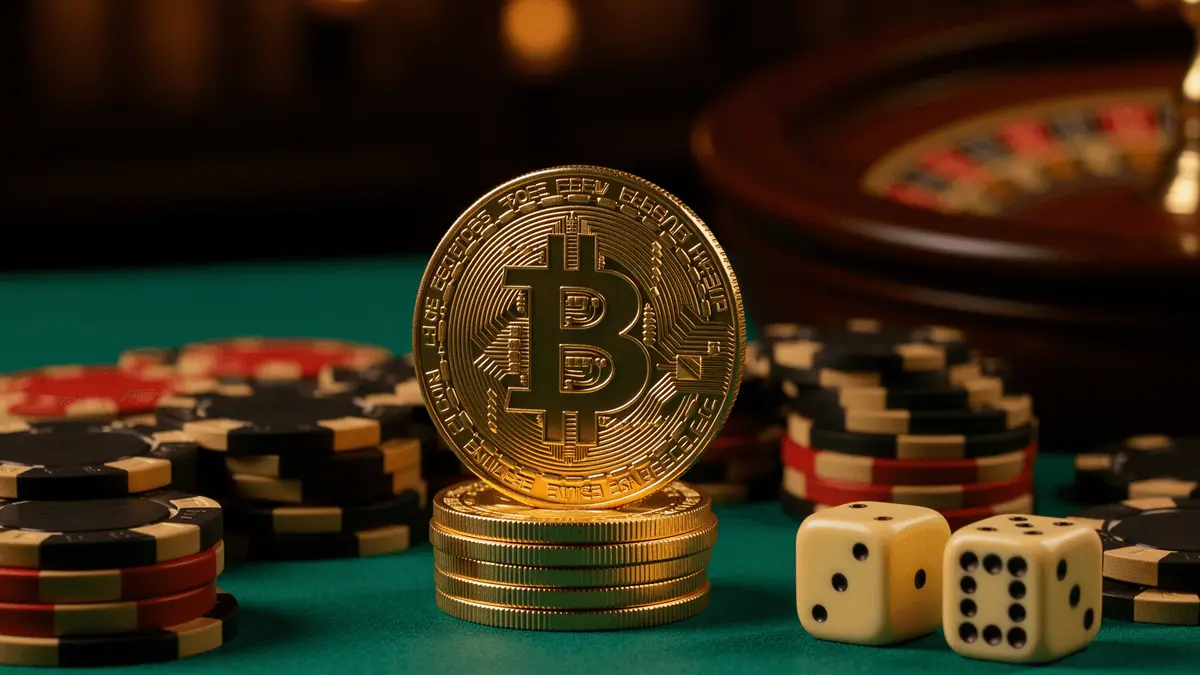 Gold Bitcoin coins stacked on casino felt with chips and roulette wheel in premium crypto gambling scene