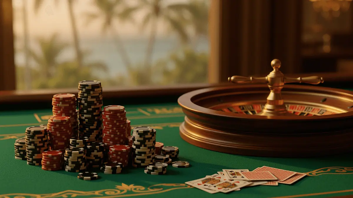 Stacked casino chips and roulette wheel on green felt table representing Curacao offshore casinos for UK players