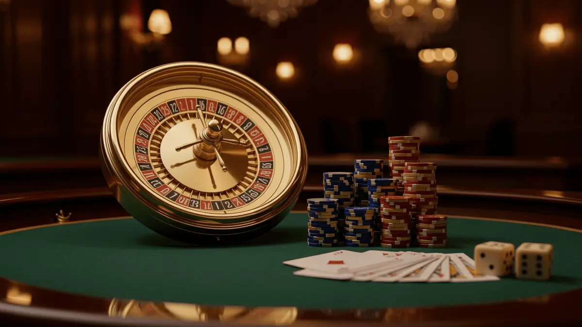 European casino roulette wheel with stacked chips in blue, gold, and red on a polished table