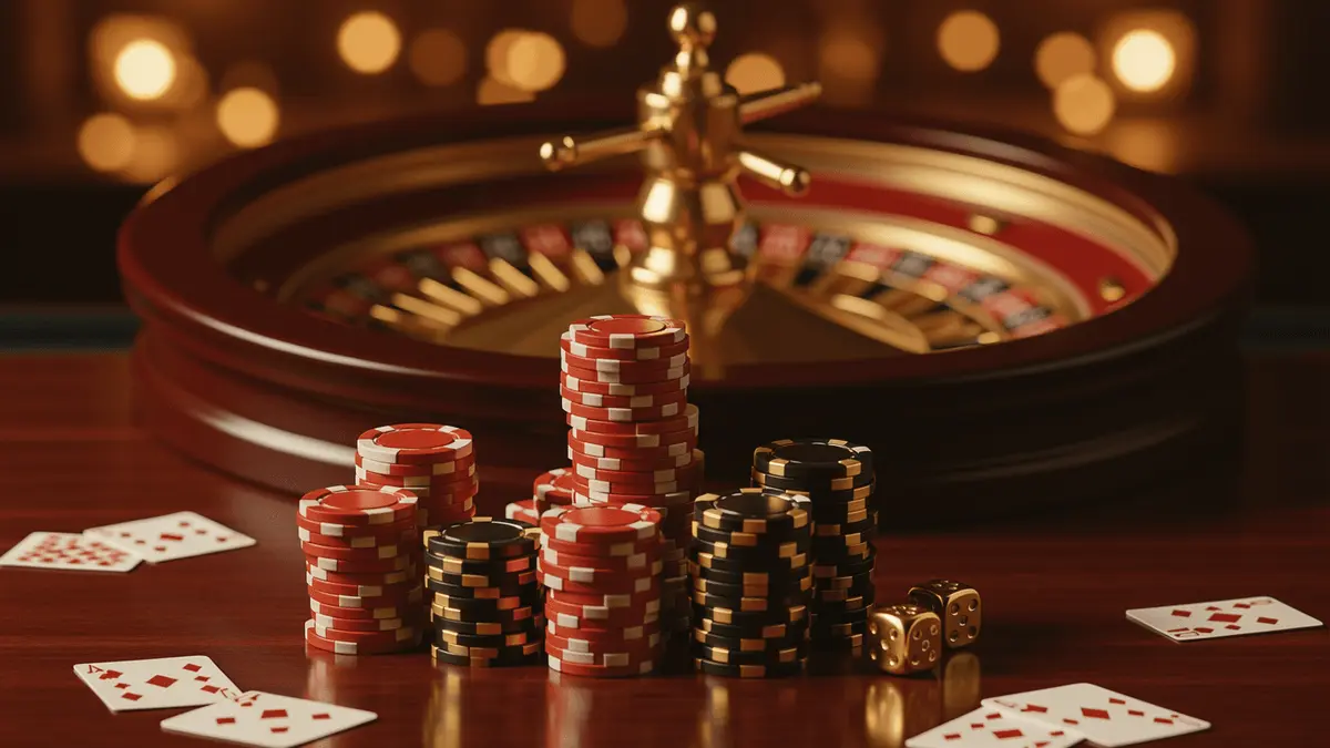 Stacked casino chips and roulette wheel on reflective table with warm casino lighting