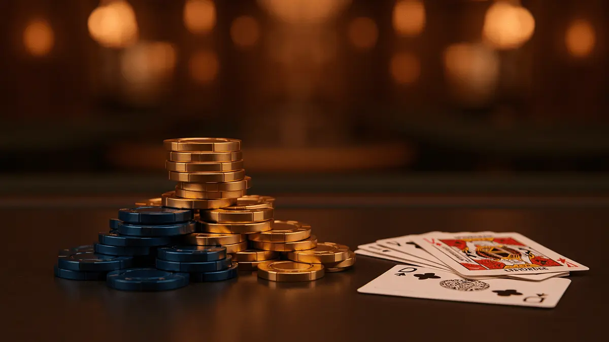 Premium casino chips and playing cards on a luxury gaming surface representing international online casinos for UK players
