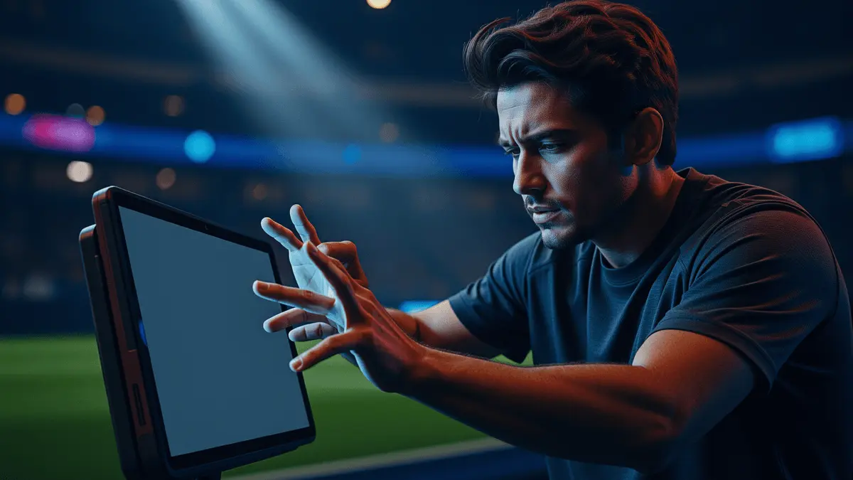 Person engaged in live sports betting, focused during a critical match moment with dynamic lighting
