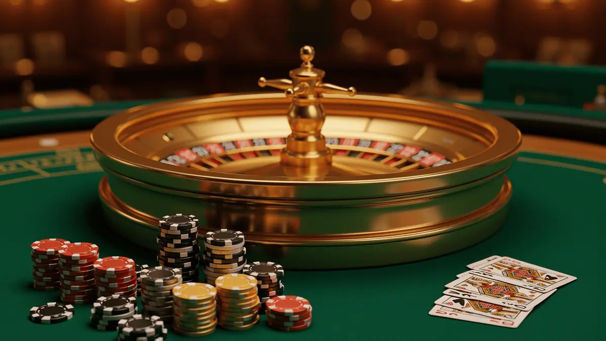 Live casino roulette wheel with stacked chips on green felt table, warm studio lighting
