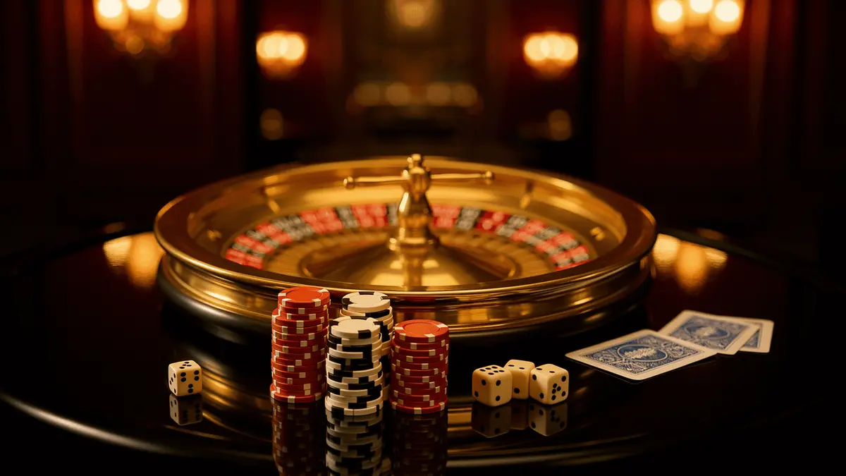 Luxury casino scene with gold roulette wheel and stacked chips on black table with warm bokeh lighting