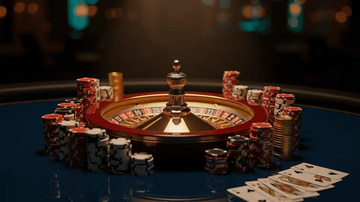 Luxury roulette wheel and casino chips on premium table for offshore casino guide
