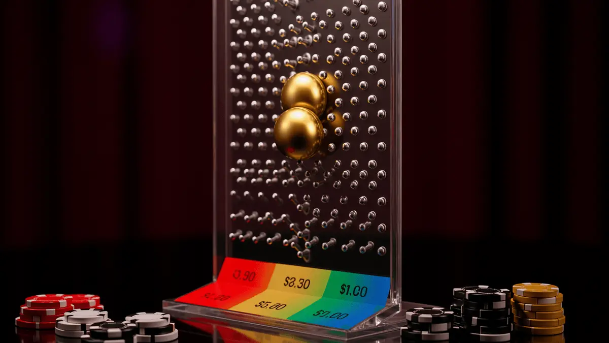 Plinko board with golden ball dropping through chrome pegs above casino chips on black table