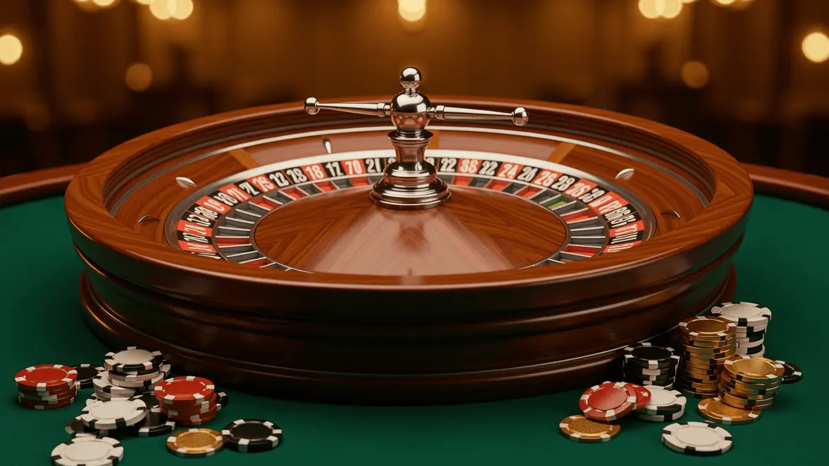 European roulette wheel spinning on green casino table with stacked red, black and gold chips