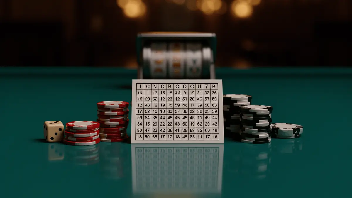 Slingo 5x5 bingo grid card with stacked casino chips on green felt table
