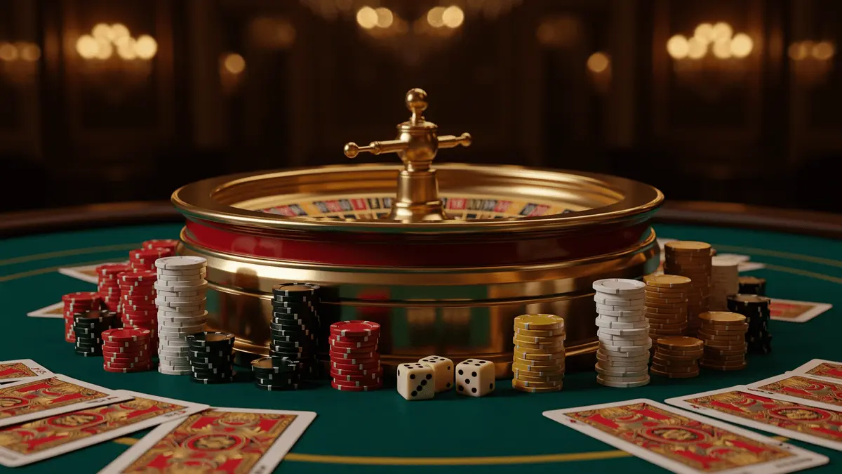 Luxury casino roulette wheel with stacked chips and cards on green felt table