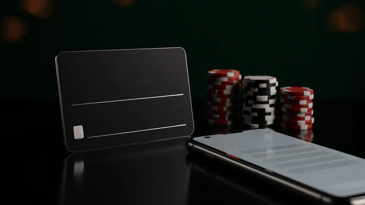 Premium debit card and casino chips on glossy surface representing fast betting withdrawals