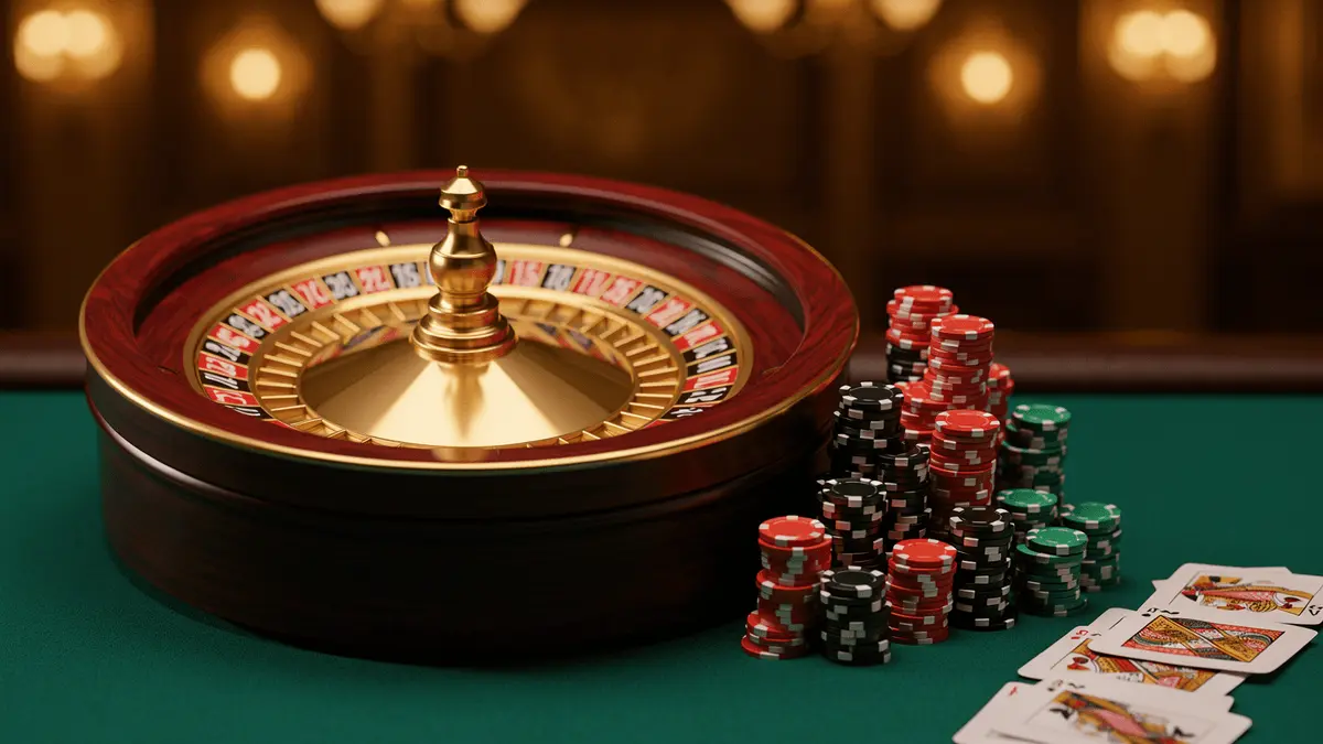 Luxury roulette wheel with stacked casino chips on green felt table in warm cinematic lighting