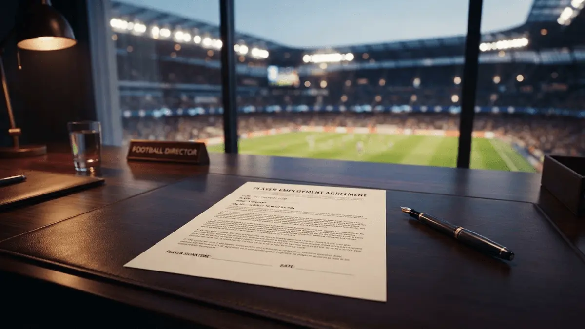 Unsigned football contract on desk with stadium lights in background