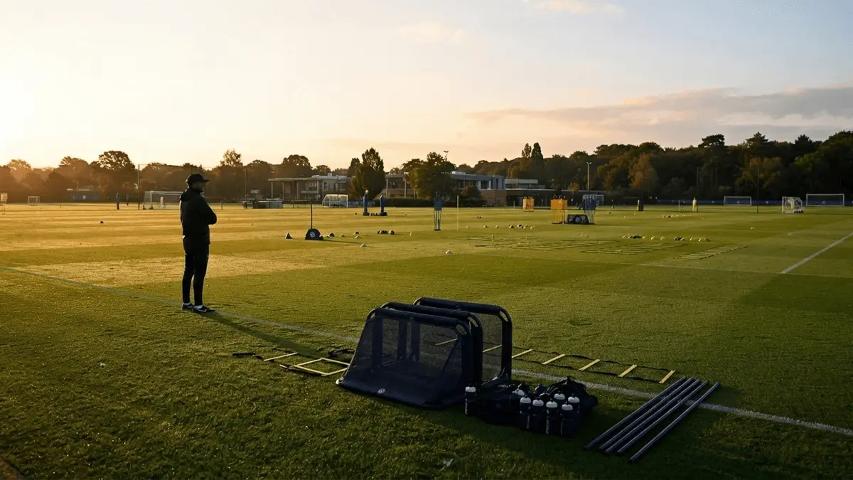 Cobham training ground at golden hour with Chelsea blue equipment and manager silhouette