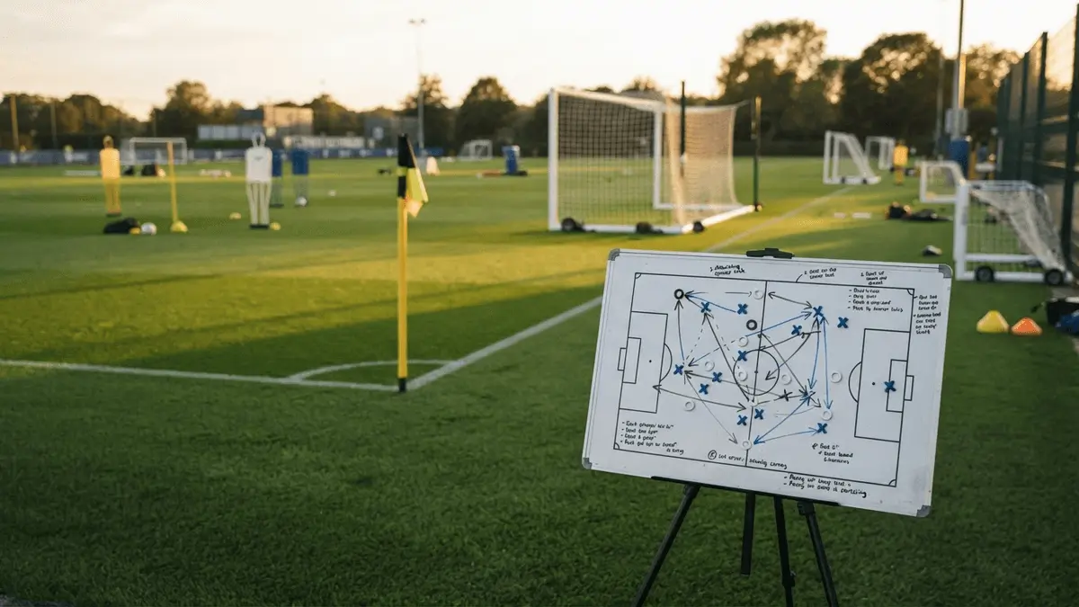 Tactical set-piece formation diagram on training ground with Chelsea equipment in background