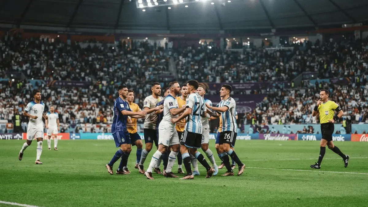 Players confronting each other during Argentina vs England World Cup match with teammates intervening