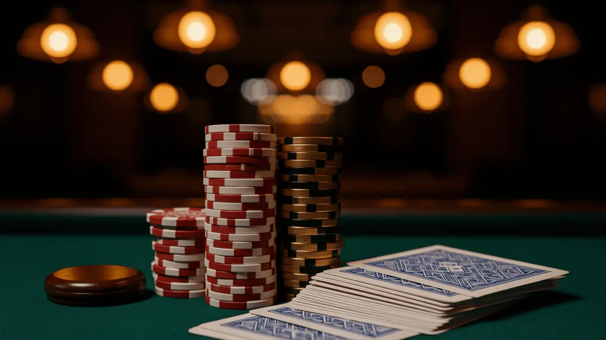 Stacked poker chips and cards on green felt table with warm casino lighting