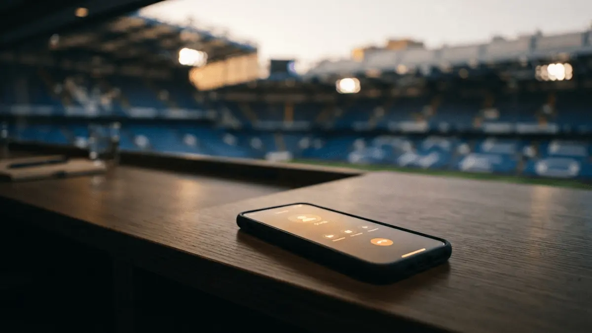 Smartphone on desk with stadium background symbolizing manager's recruitment call