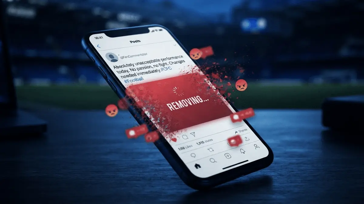 Smartphone showing deleted social media post with controversy theme in Chelsea blue lighting