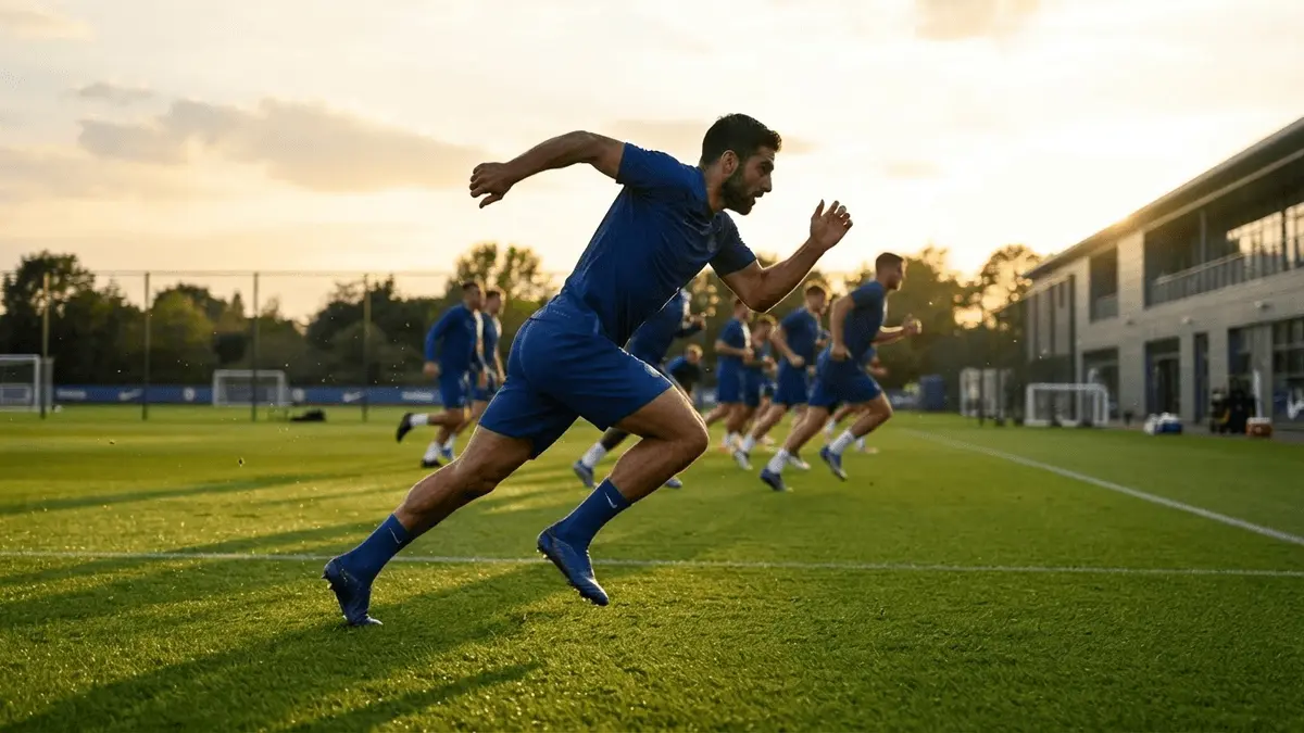 Chelsea footballer leading intense sprint training drill at Cobham in blue kit during golden hour
