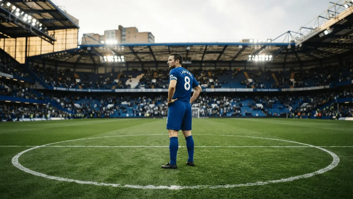 Chelsea midfielder standing firm at center of Stamford Bridge pitch under stadium lights
