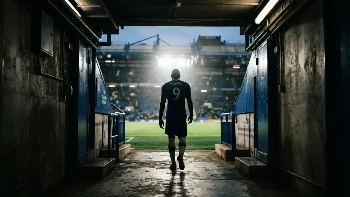 Striker silhouette walking through Stamford Bridge tunnel in Chelsea blue kit