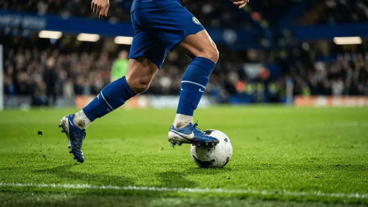 Football midfielder controlling the ball on Stamford Bridge pitch under stadium lights