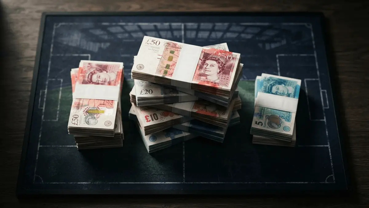 Stacks of cash on tactical board representing Chelsea's transfer windfall budget