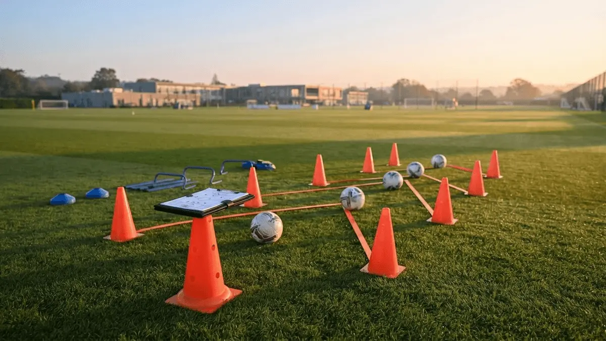 Chelsea FC Cobham training ground with tactical drill setup and coaching equipment at sunrise