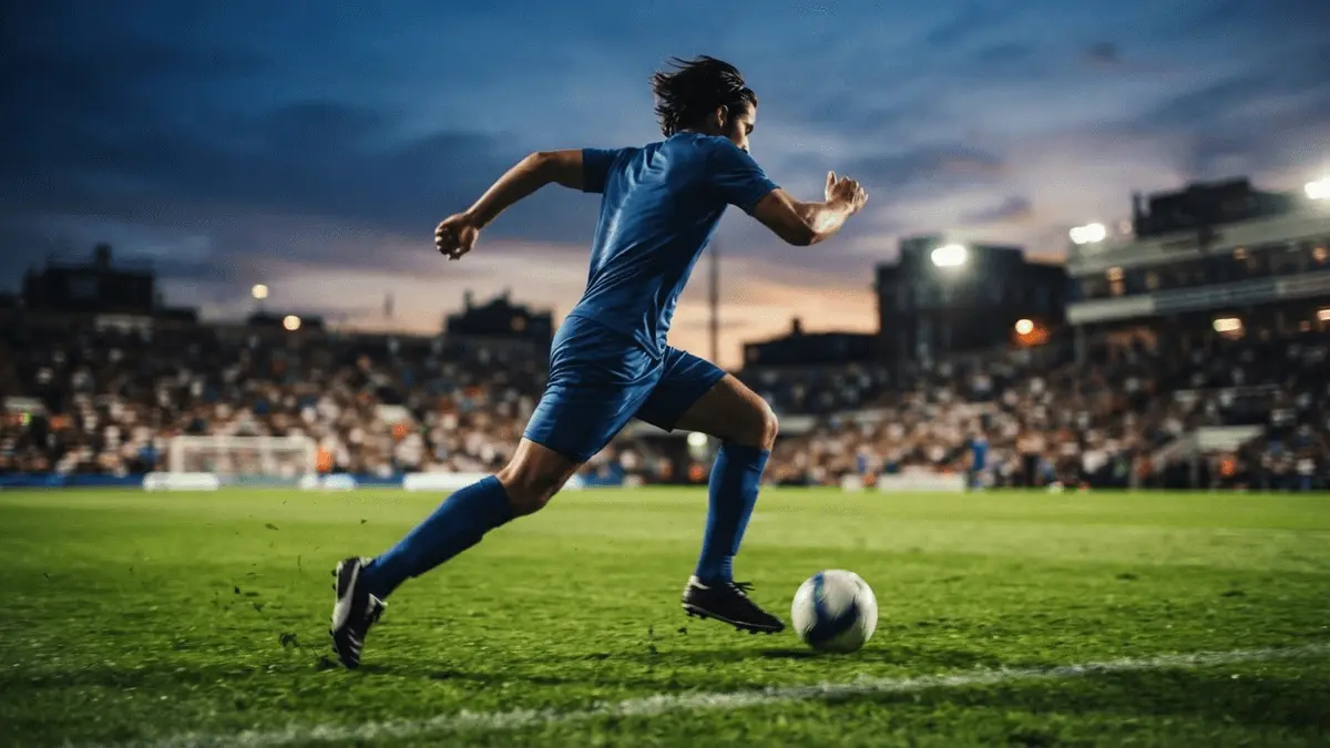 Young footballer in Chelsea kit sprinting with ball on wing in stadium under floodlights