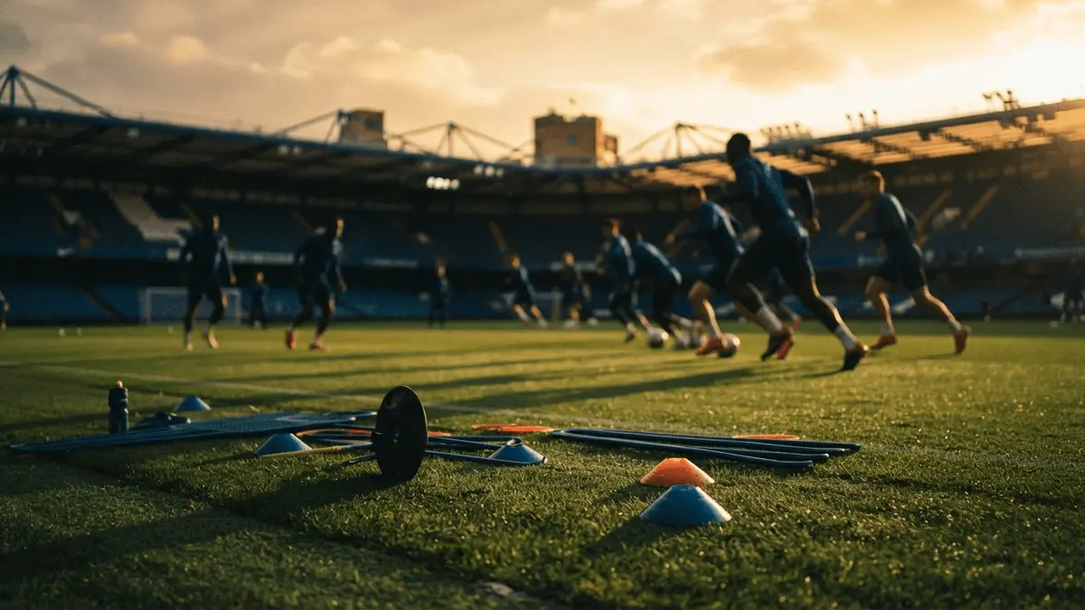 Chelsea training pitch at Stamford Bridge with players in competitive pre-season drill under golden hour lighting