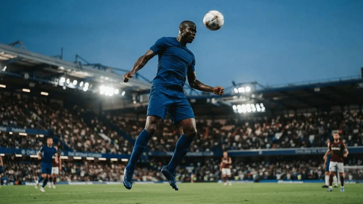 Chelsea defender making commanding aerial clearance at Stamford Bridge in dramatic floodlit action